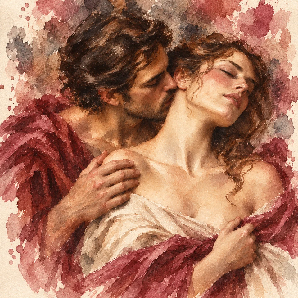 Expressive watercolor of two lovers sharing a neck kiss, with Roman-inspired ivory and wine-colored drapery